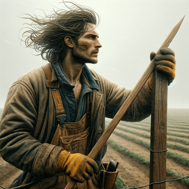 An image of a man in a field with a stake