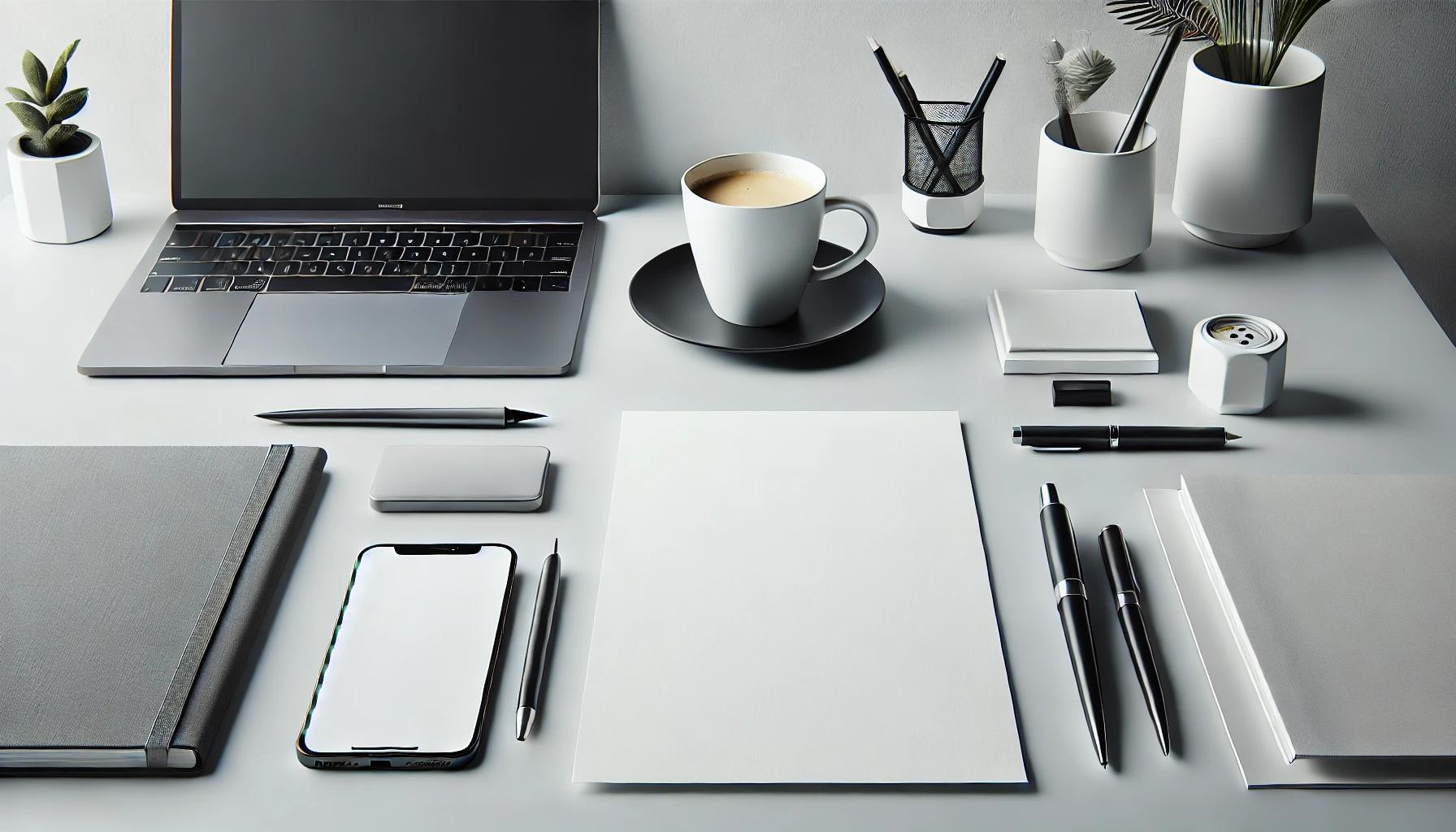 A modern and stylish desk layout featuring a computer, pen, paper and cup of coffee