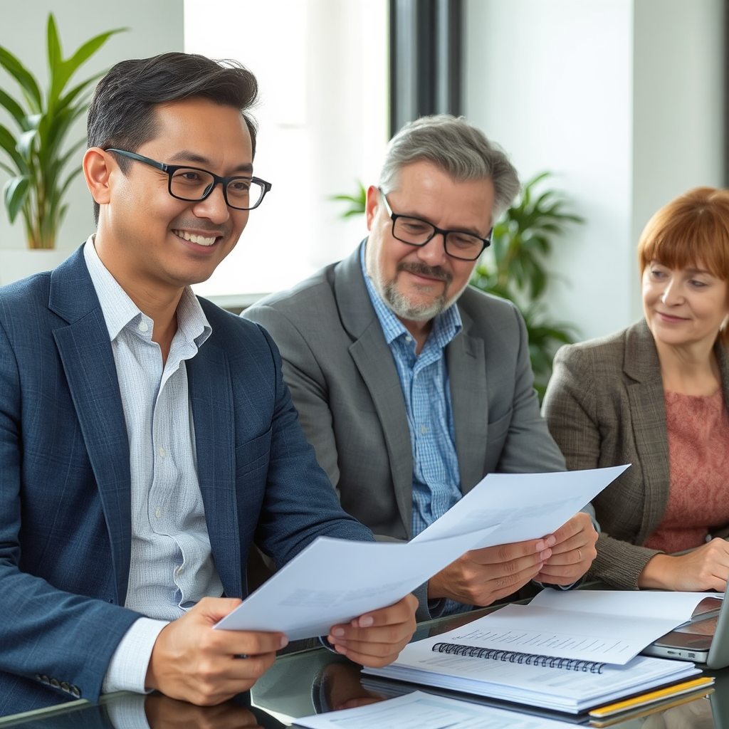 Three people in a meeting looking at some papers.