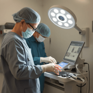 A surgeon at a computer